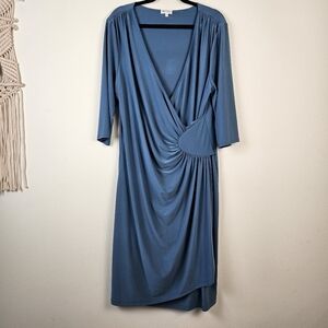 Kiyonna Ruched 3/4 Sleeves  Dress in Teal Size 2/2X